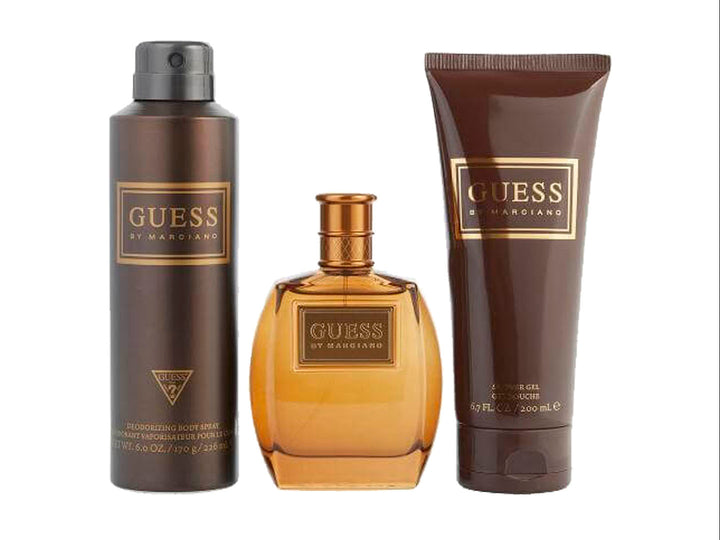 Set de regalo de perfumería Guess by Marciano para Hombre que incluye fragancia, gel de ducha y spray corporal.