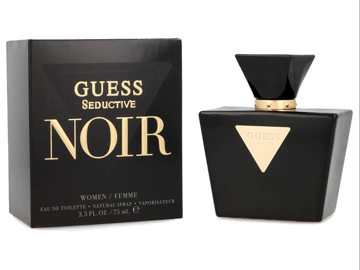 Perfume Guess Seductive Noir para mujer en botella y caja de color negro con detalles dorados.