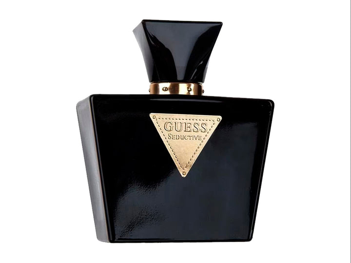 Perfume Guess Seductive Noir para mujer en botella y caja de color negro con detalles dorados.