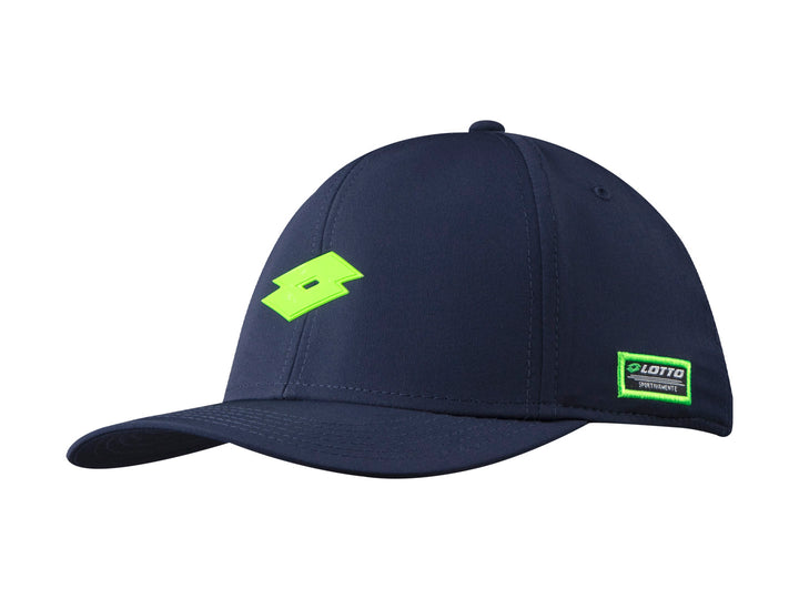 Gorra deportiva Lotto de color marino con logotipos en color verde neón.