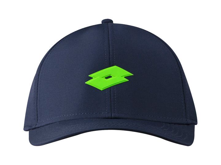 Gorra deportiva Lotto de color marino con logotipos en color verde neón.