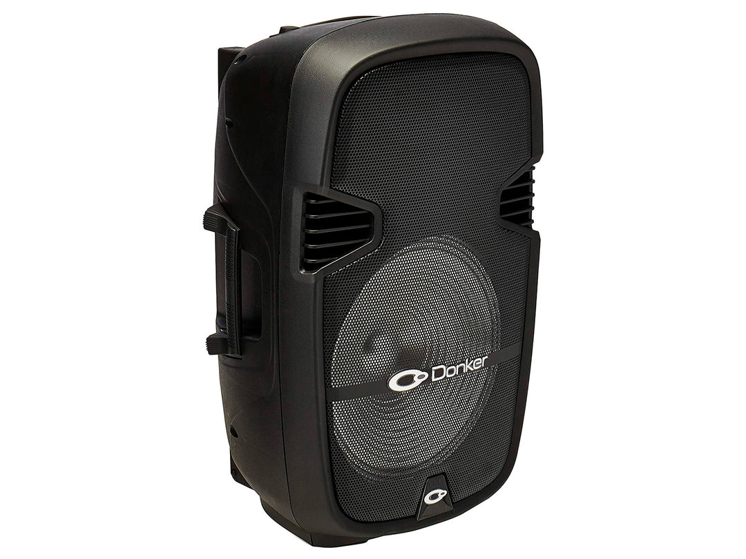 Bocina amplificada Donker de 15 pulgadas en color negro con rejilla frontal y asa lateral.
