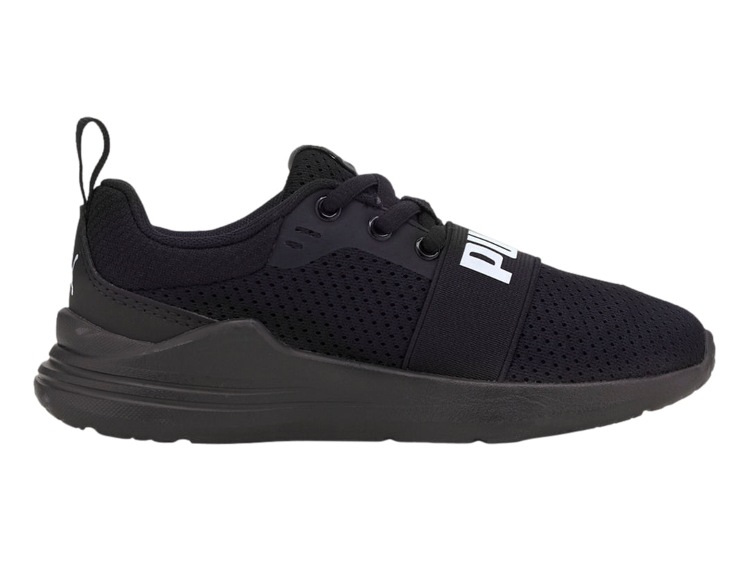 Tenis PUMA Wired Run JR color negro con malla transpirable y suela deportiva.