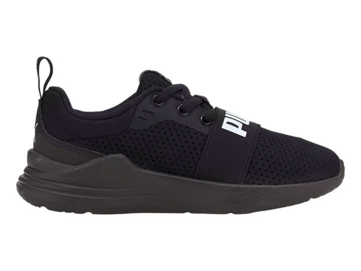 Tenis PUMA Wired Run JR color negro con malla transpirable y suela deportiva.