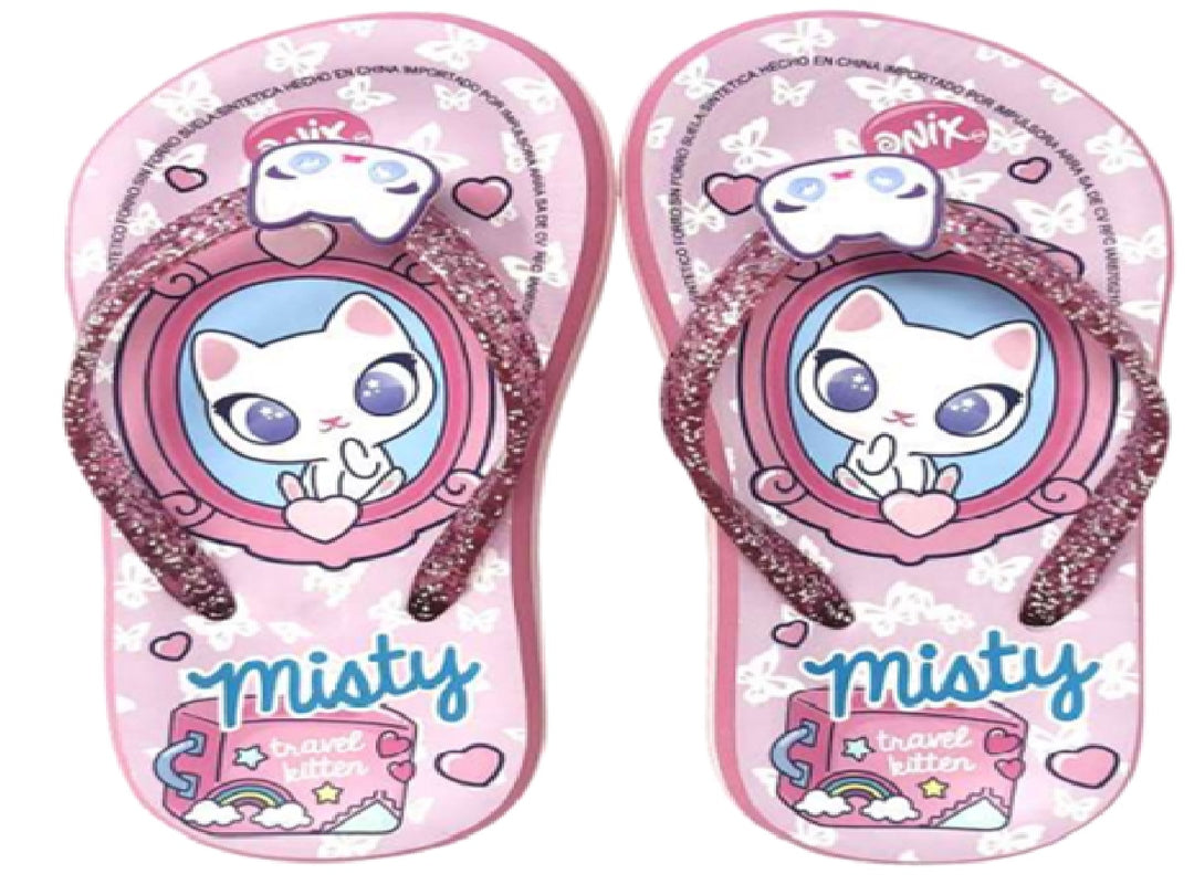 Sandalias rosas para niña con diseño de gato blanco y correas con glitter.