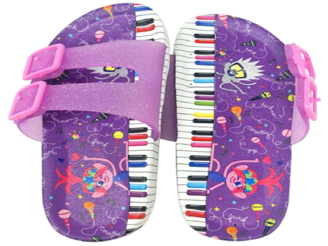 Sandalias moradas para niña con diseño de teclas de piano y personajes de Trolls