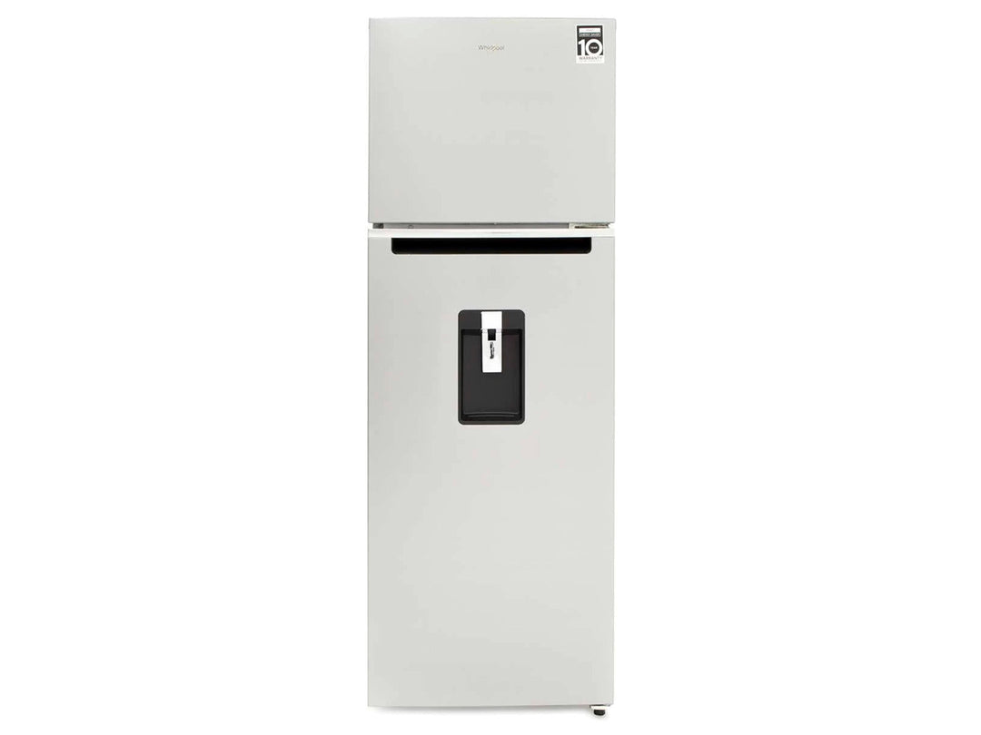 Refrigerador Whirlpool color plata con dispensador de agua frontal y congelador superior.