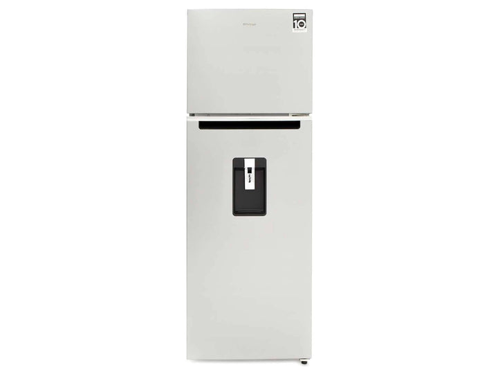 Refrigerador Whirlpool color plata con dispensador de agua frontal y congelador superior.