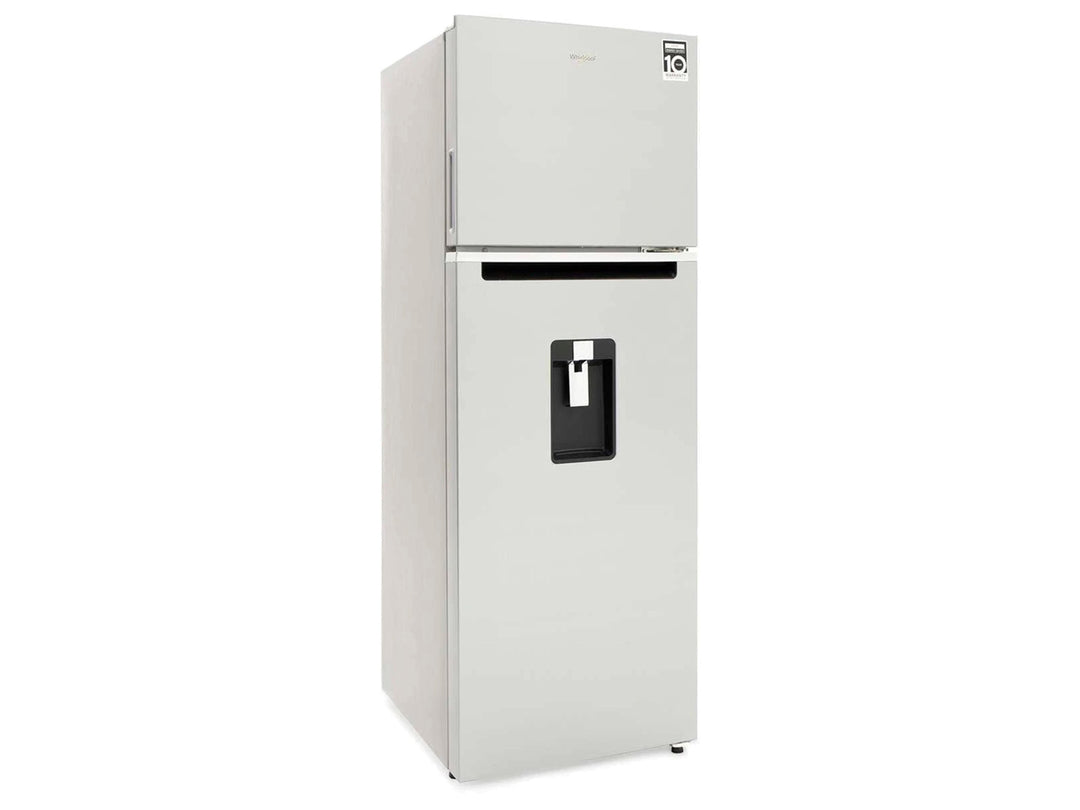 Refrigerador Whirlpool color plata con dispensador de agua frontal y congelador superior.