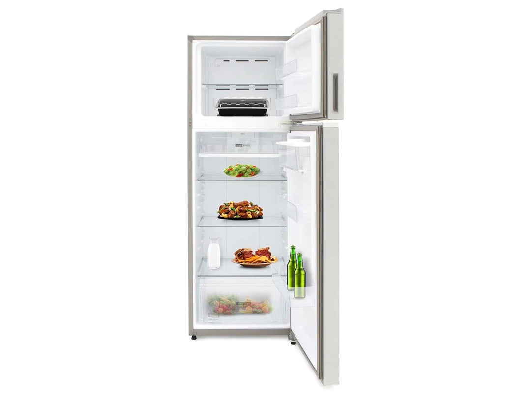 Refrigerador Whirlpool color plata con dispensador de agua frontal y congelador superior.