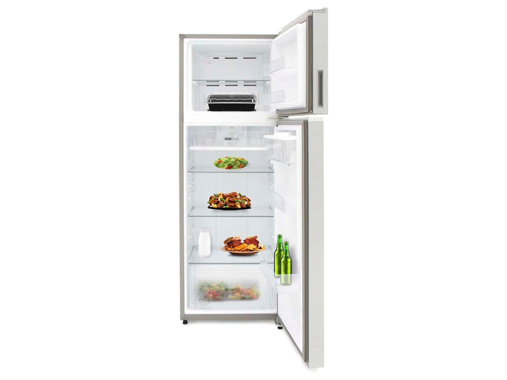 Refrigerador Whirlpool color plata con dispensador de agua frontal y congelador superior.