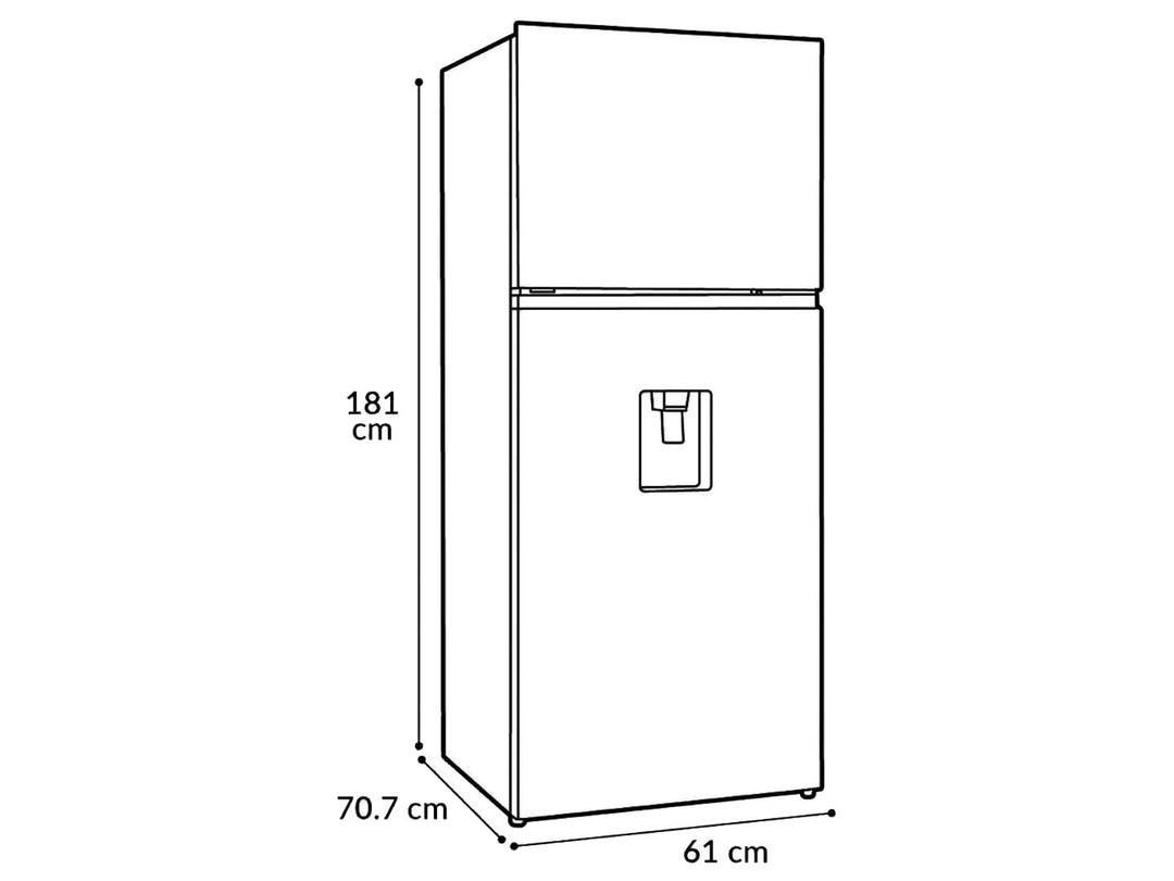 Refrigerador Whirlpool color plata con dispensador de agua frontal y congelador superior.