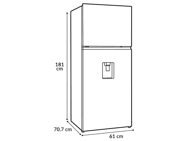 Refrigerador Whirlpool color plata con dispensador de agua frontal y congelador superior.