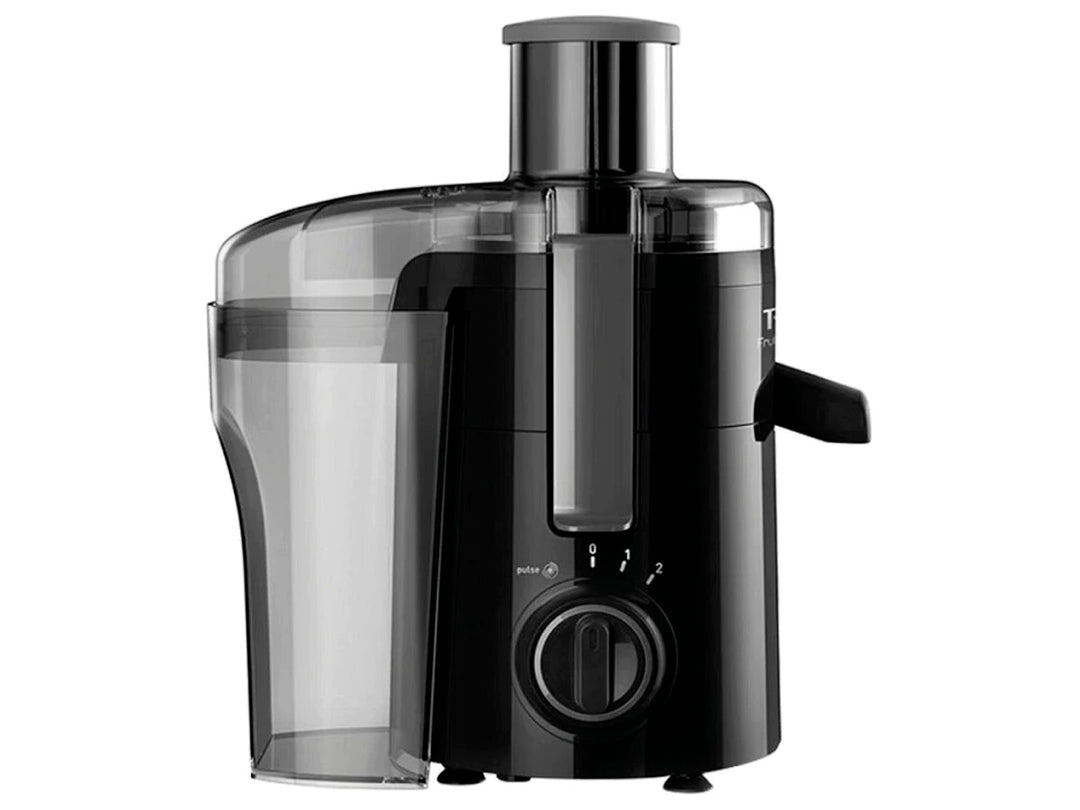 Extractor de jugos T-fal color negro con recipiente transparente y perilla de control frontal.