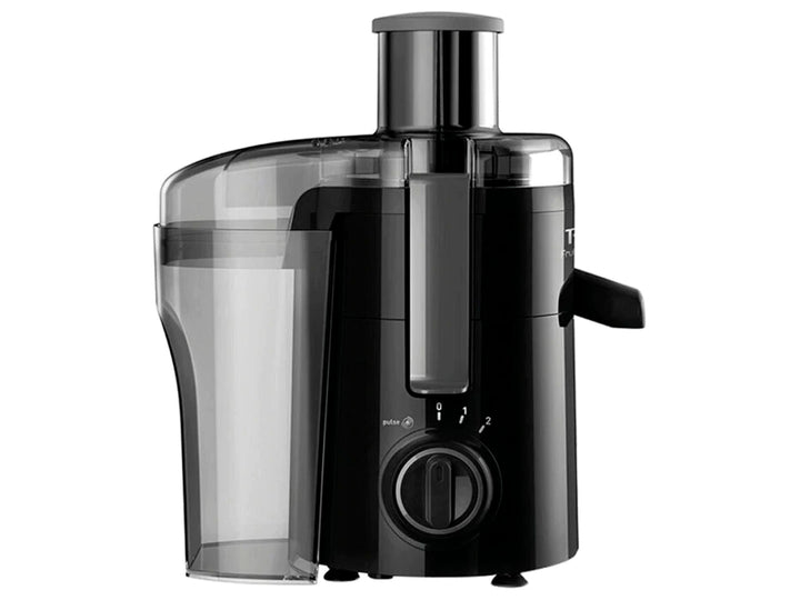Extractor de jugos T-fal color negro con recipiente transparente y perilla de control frontal.
