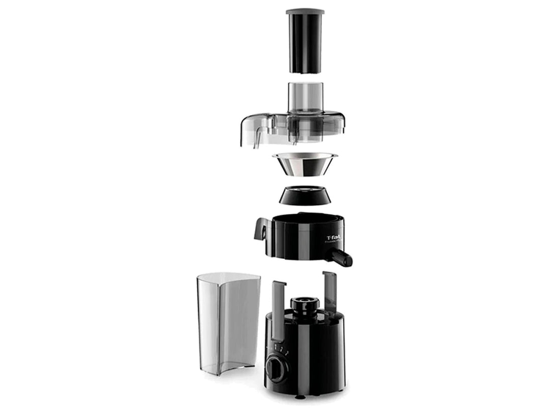 Extractor de jugos T-fal color negro con recipiente transparente y perilla de control frontal.