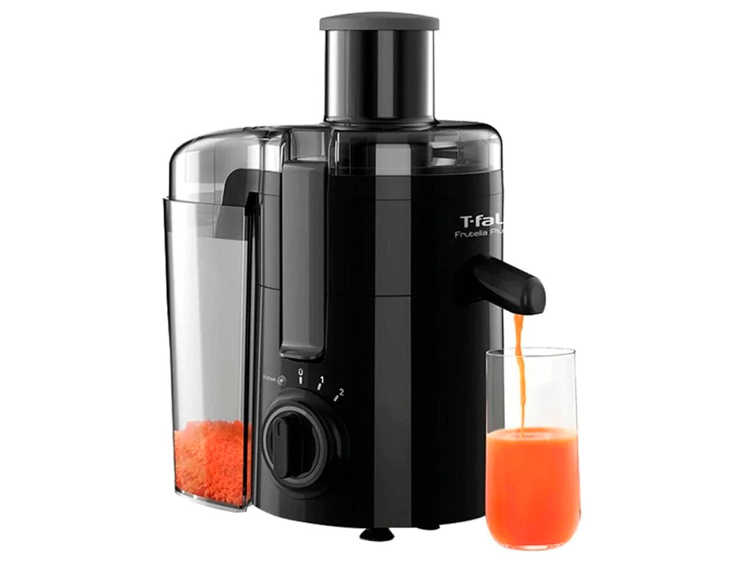 Extractor de jugos T-fal color negro con recipiente transparente y perilla de control frontal.