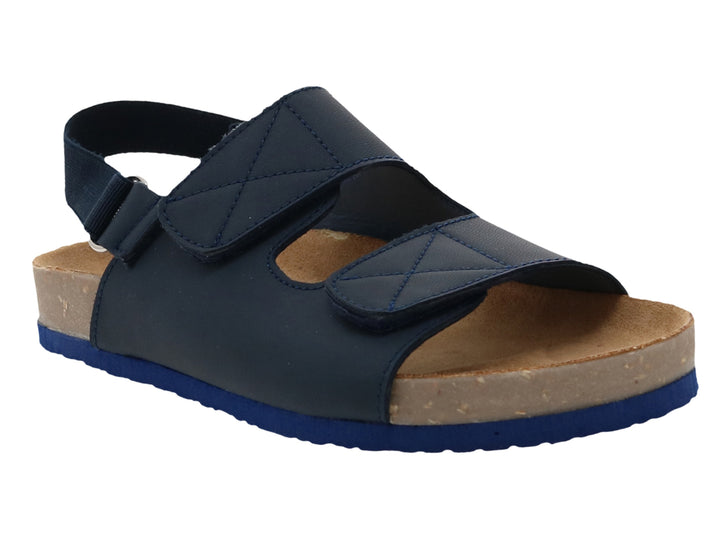 Sandalias para niño color azul marino con suela de corcho y correas ajustables.