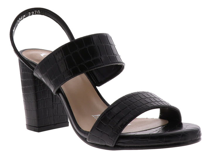 Sandalia negra de tacón cuadrado con textura de piel de cocodrilo para mujer.