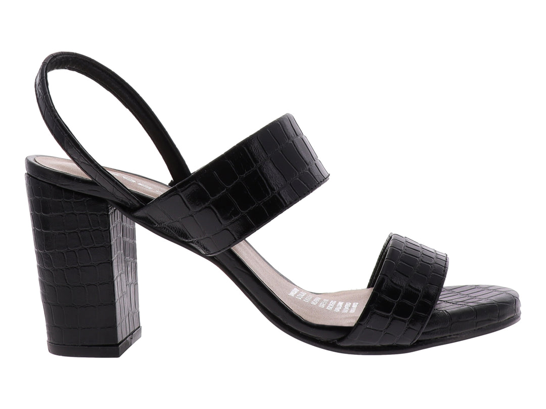 Sandalia negra de tacón cuadrado con textura de piel de cocodrilo para mujer.