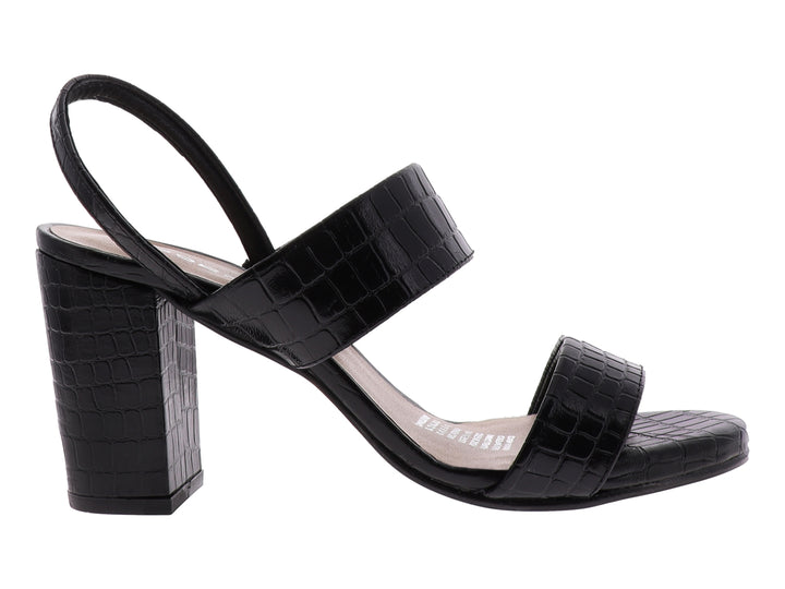 Sandalia negra de tacón cuadrado con textura de piel de cocodrilo para mujer.