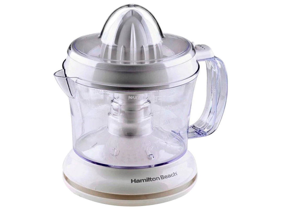 Exprimidor de cítricos Hamilton Beach color blanco con recipiente transparente.