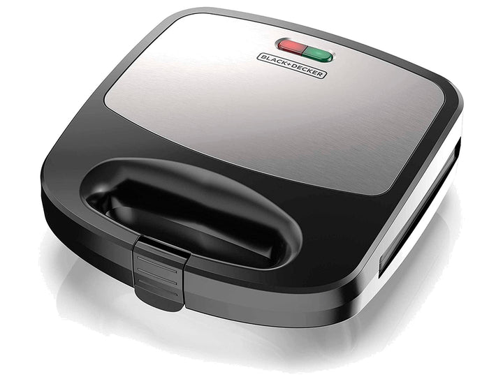 Sandwichera Black and Decker color negro y plata con luces indicadoras en la parte superior.