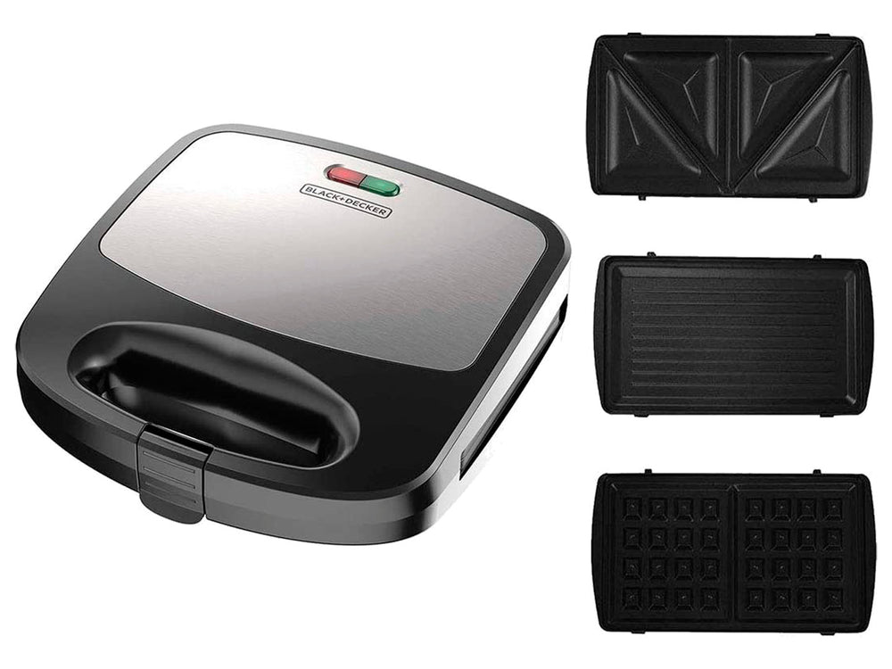 Sandwichera Black and Decker color negro y plata con luces indicadoras en la parte superior.