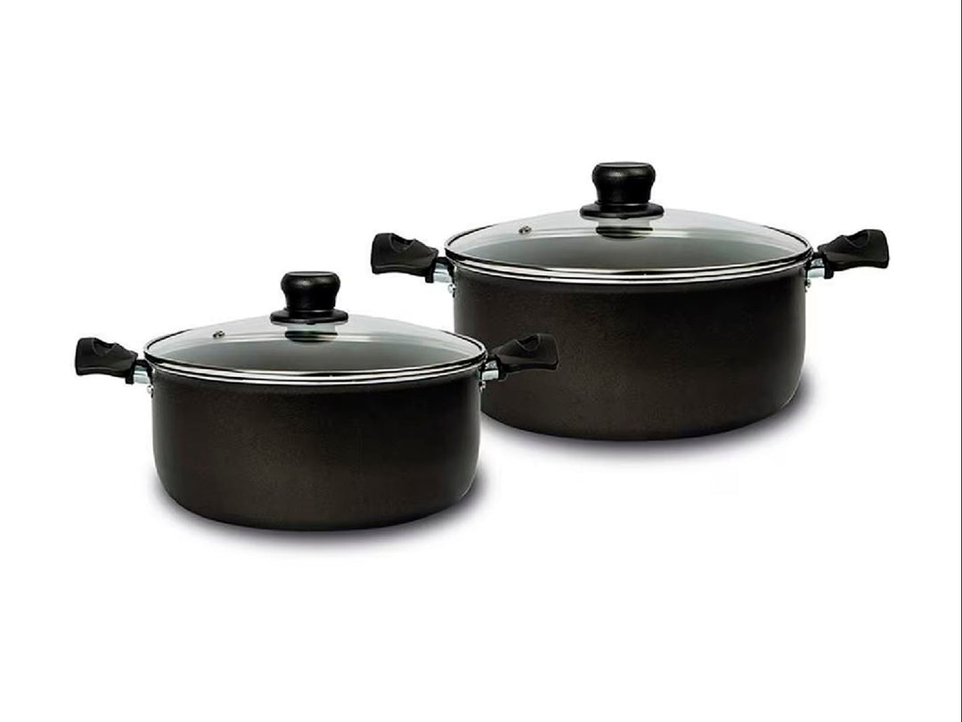 Batería de cocina T-FAL de 11 piezas en color negro con tapas de vidrio y mangos negros.