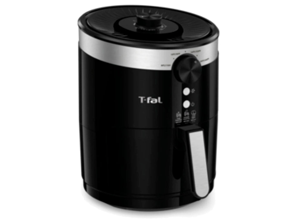 Freidora de aire T-Fal color negro con detalles cromados y canasta con papas fritas.
