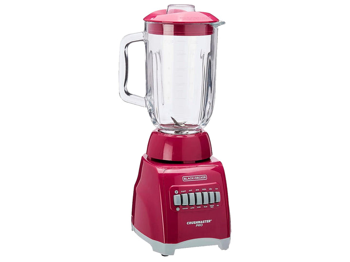 Licuadora Black and Decker color rosa fucsia con vaso transparente y base gris.