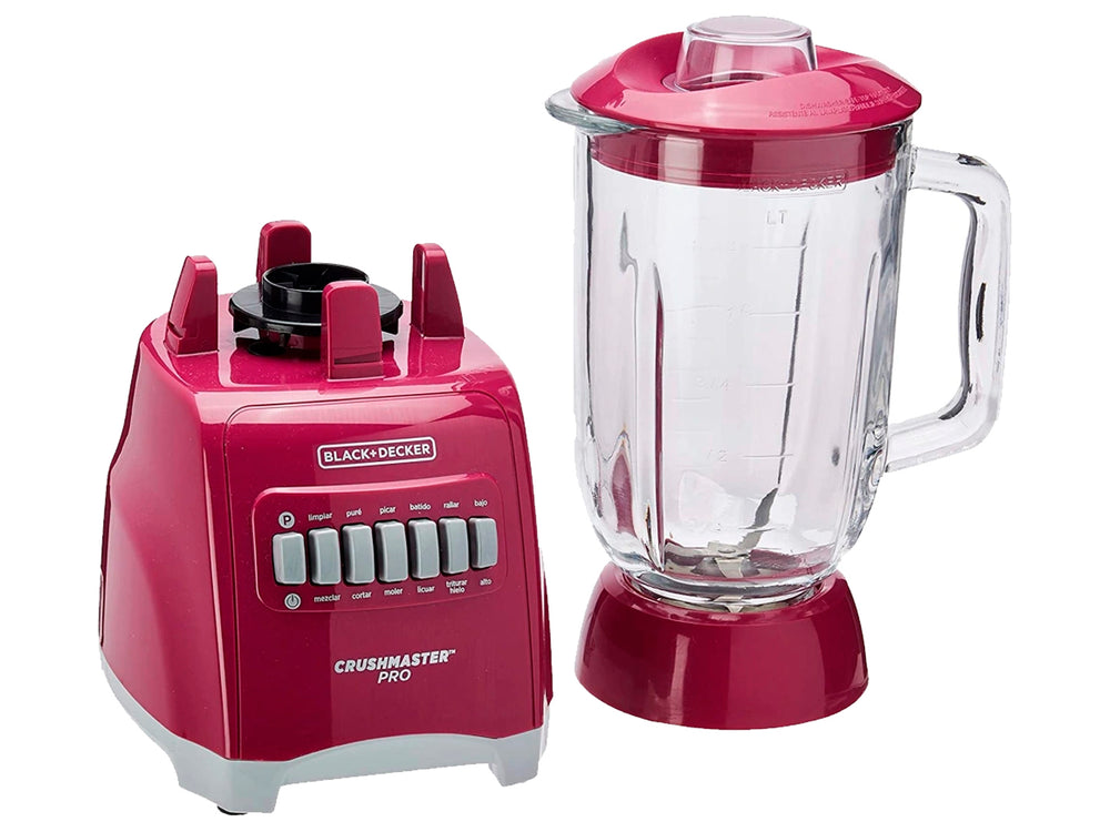 Licuadora Black and Decker color rosa fucsia con vaso transparente y base gris.