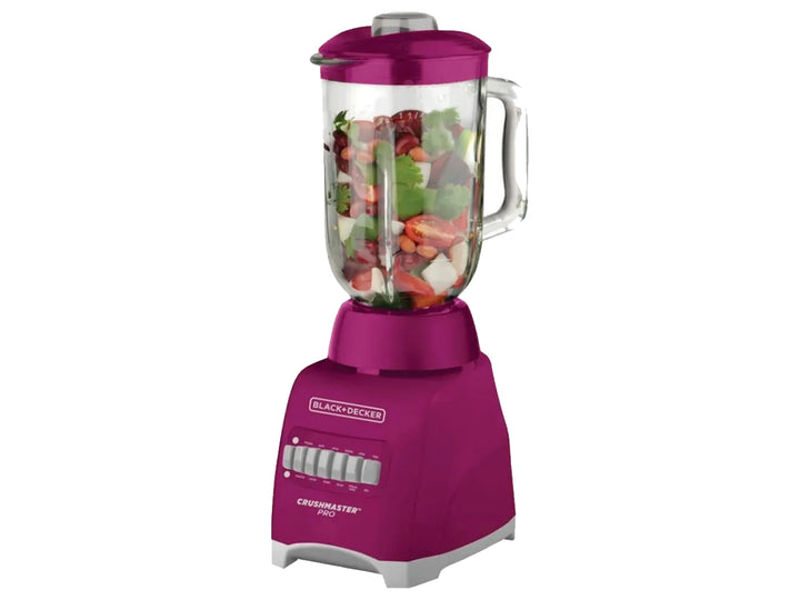 Licuadora Black and Decker color rosa fucsia con vaso transparente y base gris.