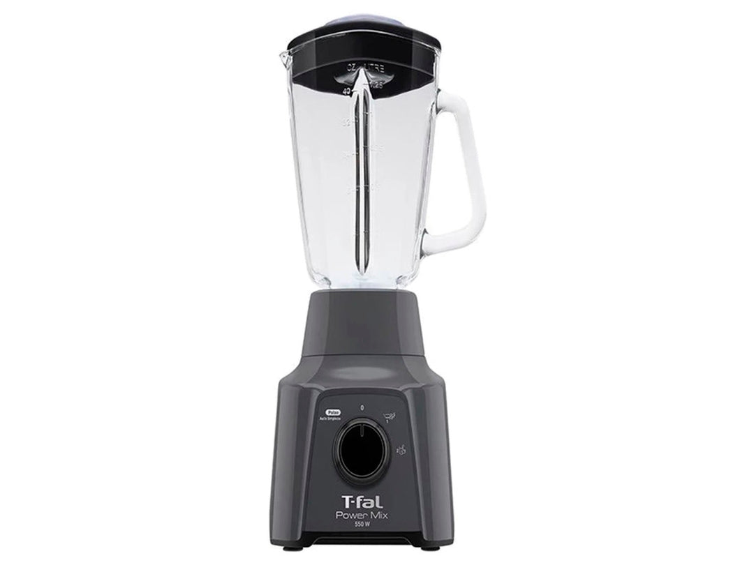 Licuadora T-fal con vaso de vidrio transparente, base negra y asa blanca.