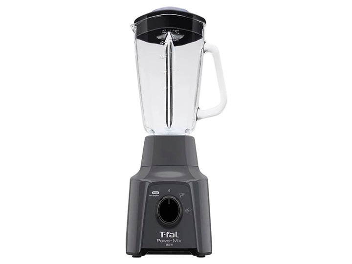 Licuadora T-fal con vaso de vidrio transparente, base negra y asa blanca.