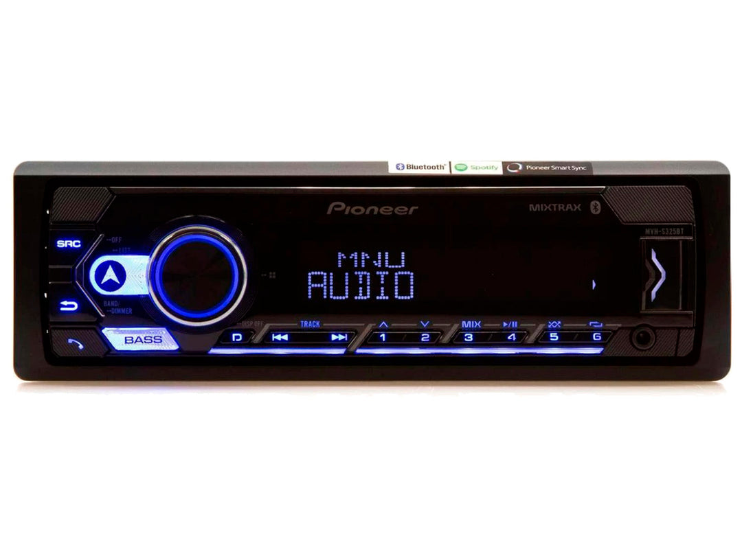 Autoestéreo Pioneer MVH-S325BT color negro con pantalla digital e iluminación azul.