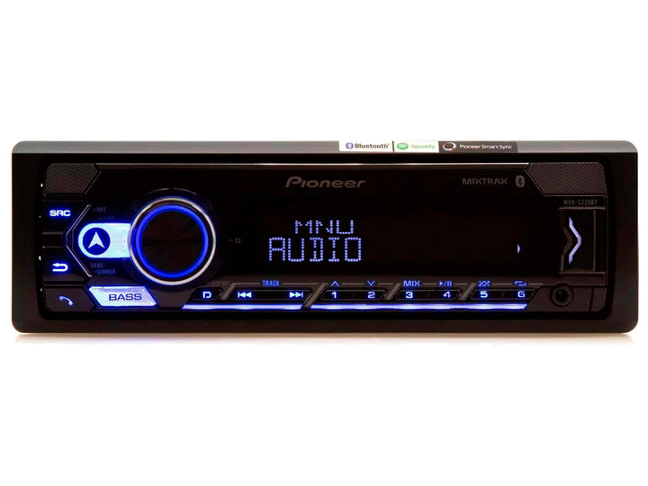 Autoestéreo Pioneer MVH-S325BT color negro con pantalla digital e iluminación azul.