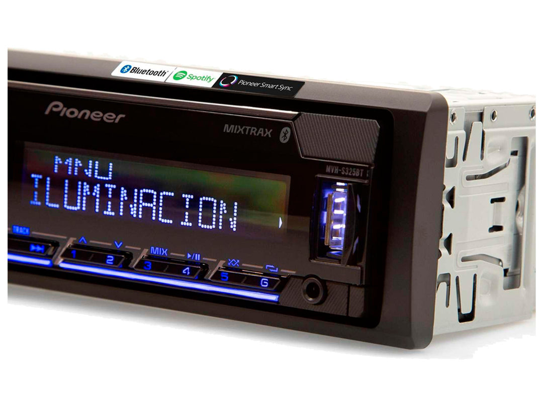 Autoestéreo Pioneer MVH-S325BT color negro con pantalla digital e iluminación azul.