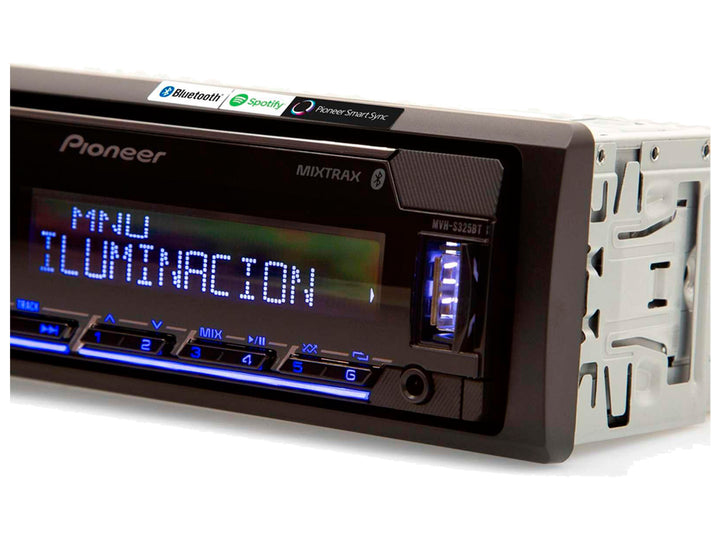 Autoestéreo Pioneer MVH-S325BT color negro con pantalla digital e iluminación azul.