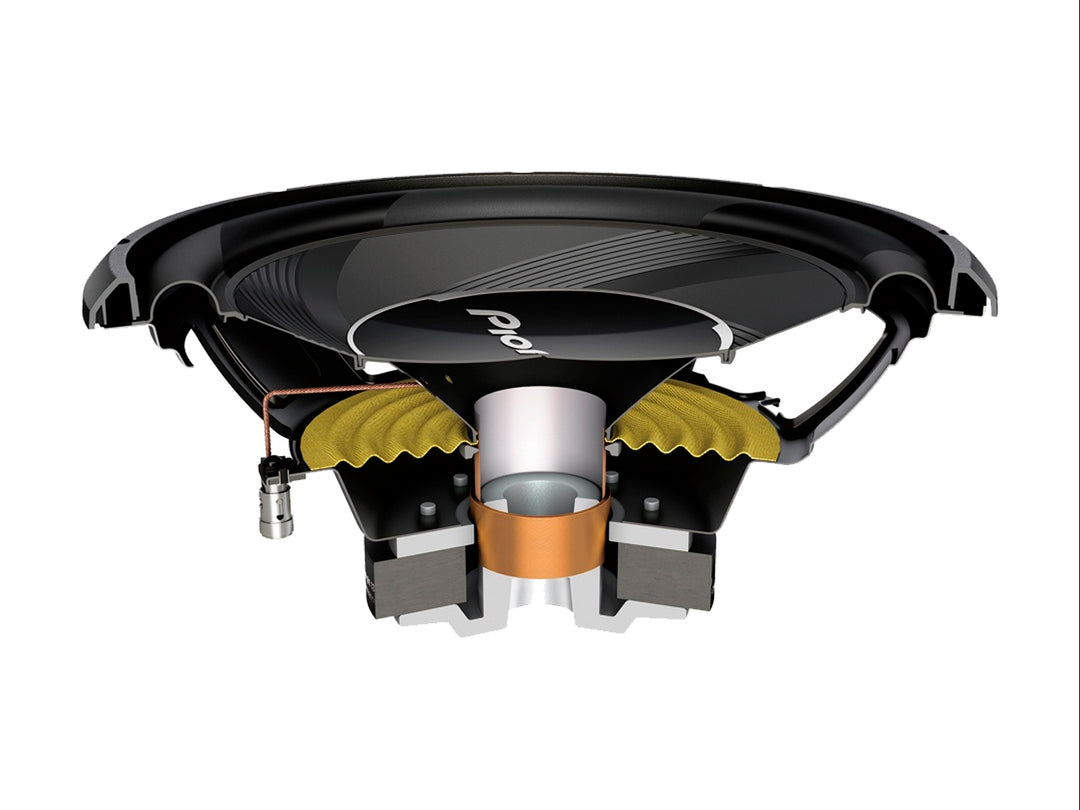 Subwoofer Pioneer TS-A30 S4 de 12 pulgadas en color negro con diseño circular moderno.