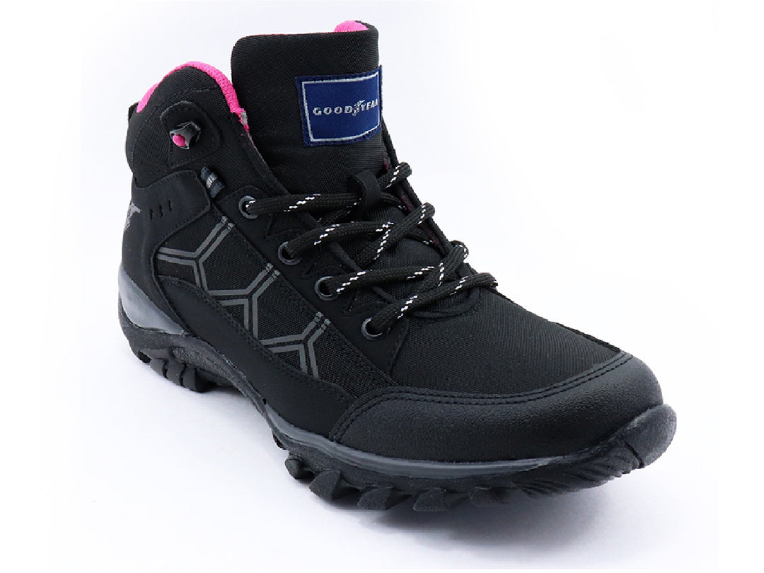 Botas Goodyear Freedom para mujer en color negro con detalles en rosa y suela robusta.