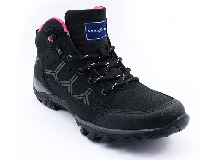 Botas Goodyear Freedom para mujer en color negro con detalles en rosa y suela robusta.