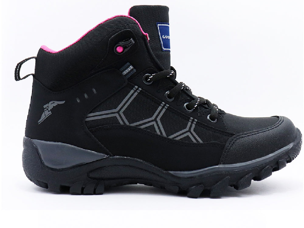 Botas Goodyear Freedom para mujer en color negro con detalles en rosa y suela robusta.