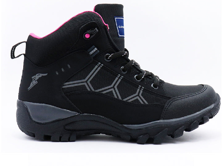 Botas Goodyear Freedom para mujer en color negro con detalles en rosa y suela robusta.