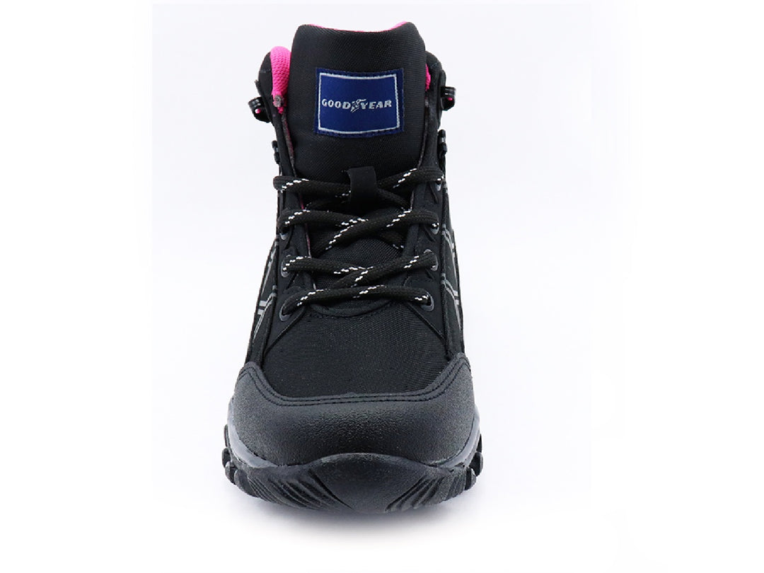 Botas Goodyear Freedom para mujer en color negro con detalles en rosa y suela robusta.