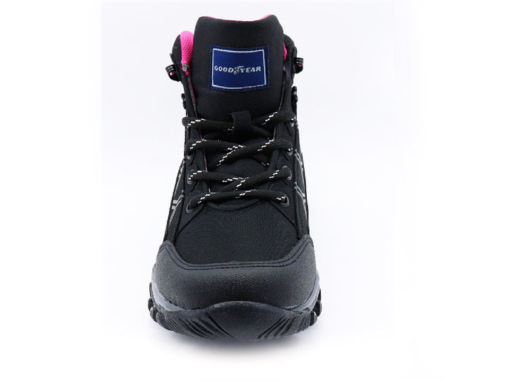 Botas Goodyear Freedom para mujer en color negro con detalles en rosa y suela robusta.