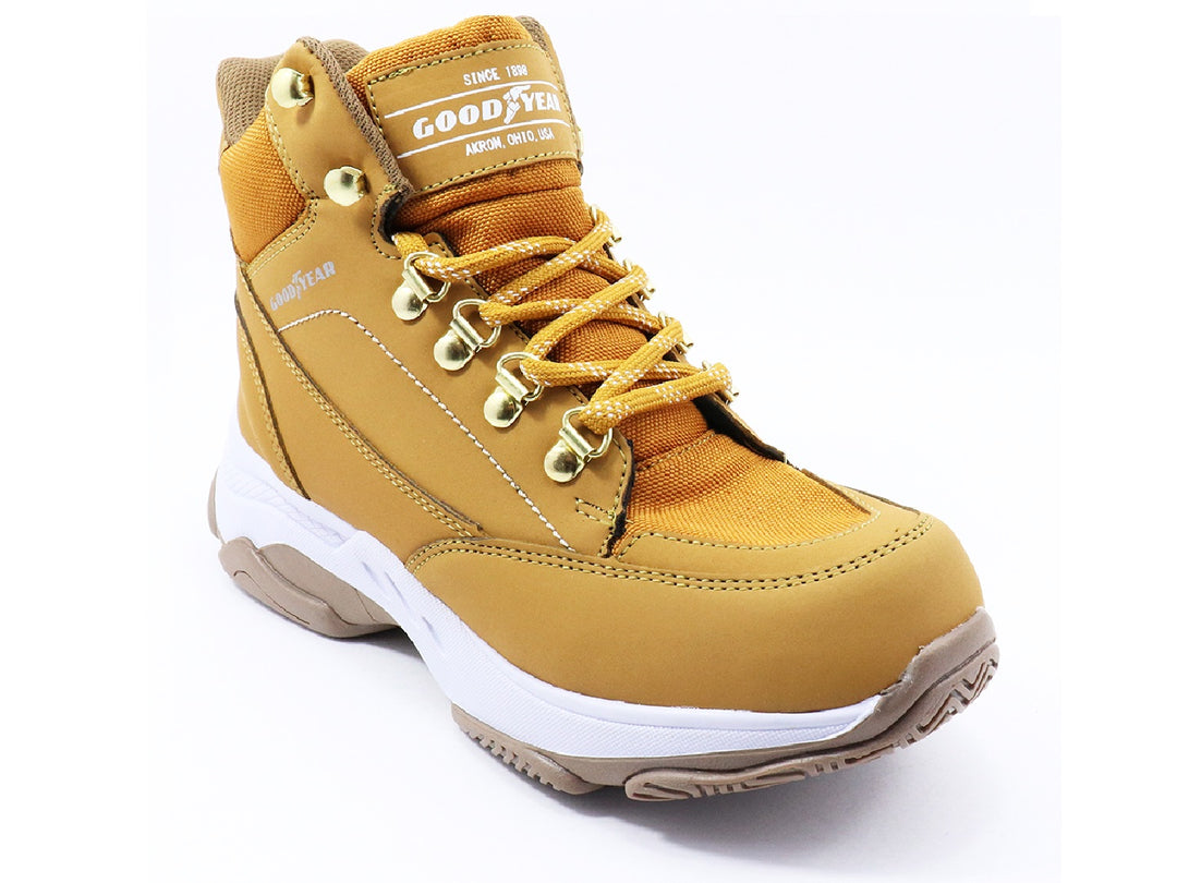Botas Goodyear color miel para mujer con suela blanca y cordones.