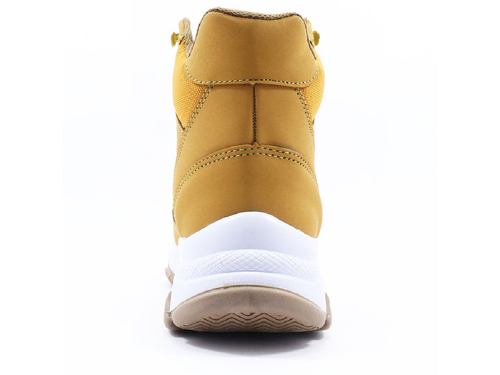 Botas Goodyear color miel para mujer con suela blanca y cordones.