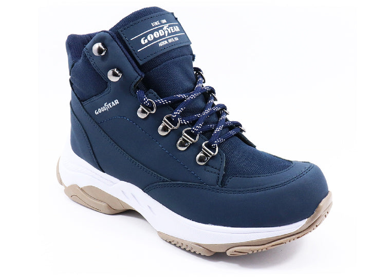 Botas Goodyear color azul denim con suela blanca y beige para mujer.