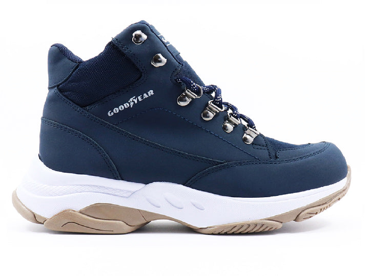 Botas Goodyear color azul denim con suela blanca y beige para mujer.